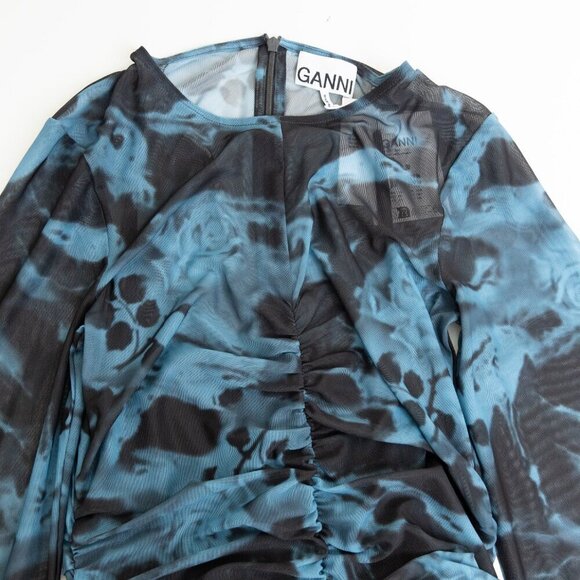 GANNI Blue Printed Mesh O-neck Ruched Long Dress Floral Size 36 - Picture 6 of 14